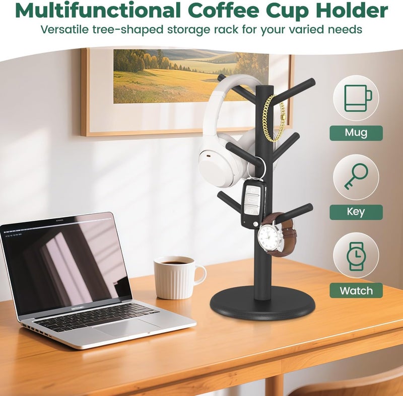 EsLuker.ly Mug Holder Tree, Bamboo Coffee Cup Display Rack with 6 Hooks for Home Kitchen Counter, Wood Mug Stand Station Organizer, Black, A Must-Have for Coffee Lover - Image 5